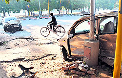 The damaged cars after an accident on a road dividing Sectors 16 and 17 in Chandigarh on Friday