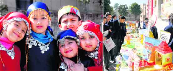 Students in Kashmiri dress during the annual arts and crafts exhibition at St Josephs Academy in Dehradun on Friday; and (right) items on display.