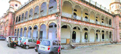 Haphazardly parked vehicles in the Mubarak Mandi complex; and (right) the cleaned up complex ahead of the Chief Ministers visit. 