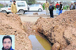 The trench on the roadside in Sector 48, Chandigarh, where the body of Manav Garg (inset) was spotted by a pedestrian on Sunday.