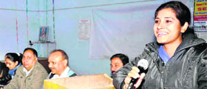 Prerna Kainthola, chief of the Shravan Nath Math Jawaharlal Nehru College Union, during a seminar on the college campus in Haridwar on Saturday.