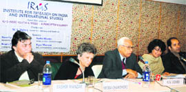  Bashir Manzar, Editor, Kashmir Images, Prof Neera Chandhoke from Delhi University, NN Vohra, Governor, Navnita Chadha Behera, honorary director, IRIIS, and Riyaz Masroor, BBC correspondent, during a panel discussion organised by the Institute of Research on India and International Studies in Srinagar on Saturday. 
