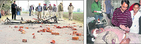 Burnt folding beds and bricks scattered on a road; a villager undergoes treatment at the Jalandhar Civil Hospital