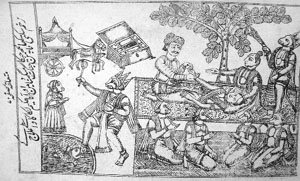 Lakshmana being examined by a physician. Lithographed illustrations of the Ramayana.