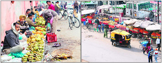 Vegetable and fruit venders squat on the footpath near the Hall Gate; and (right) and rehriwalas have encroached upon the road leading to the bus stand in Amritsar.