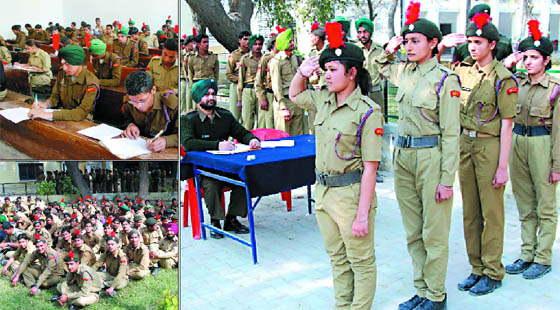 NCC Cadets from various districts of the region appear for a written test (top left) and perform a drill as part of the practical test (above) during the exam for their B certificate.