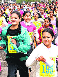 Girls take part in a marathon organised by Carmel Ex-Students Association in Chandigarh on Sunday