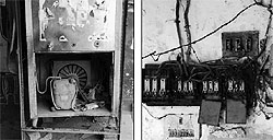 A defunct water cooler at the bus stand; and (right) Loose electricity wires pose a threat to passengers