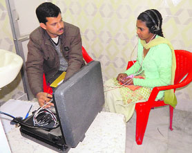 An audiometry test in progress at a free OPD ENT camp in Kangra on Sunday.