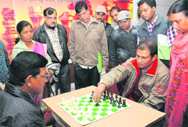 A game in progress at the Fifth All-India Defence Account Department Chess Championship in Chandigarh on Monday