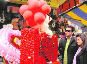 A decked up florist shop on the eve of Valentines Day in Dehradun on Monday. 