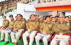 Police officials listen to Uttarakhand DGP JS Pandey at a meeting in Police Lines in Dehradun
