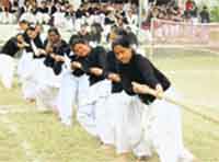 Girl students of Kanya intensely involved in a tug of war as a part of their annual sports event on Monday in Haridwar.