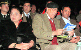 (From left) First Lady Usha Vohra, Governor NN Vohra and Minister for Tourism and Culture Nawang Rigzin Jora attend the inauguration of the 4-day folk festival at Abhinav Theatre in Jammu on Monday.