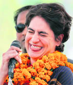 Priyanka Gandhi Vadra during an election rally at Sehgon in Raebareli on Monday. 