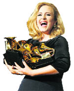 Singer Adele holds her six Grammy Awards