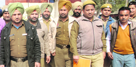 Special police officials (SPOs) protest outside the office of the Punjab Home Guards in Industrial Area, Phase I, Mohali.