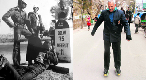Gopal Bhardwaj (second from left) with his team at the milestone showing Delhi 75 km in 1975; and (right) he embarks on a symbolic journey on roller skates to mark the occasion of Valentines Day in Mussoorie.