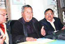 Uttarakhand Raksha Morcha core team members Surendra Singh Pangti, PC Thapliyal and SS Patwal in Haridwar on Tuesday. 