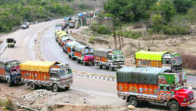Trucks stranded on the national highway near Jammu on Tuesday