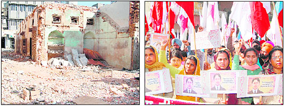 The ancestral house of martyr Madan Lal Dhingra, which is being demolished; and (right) student organisations hold a protest against its demolition in Amritsar on Wednesday.