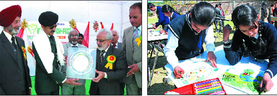 (Left) Lieutenant General Anil Verma, Chief of Staff, 10 Corps, Bathinda, being honoured by the Managing Director of BFGI Gurmeet Singh Dhaliwal at the inaugural ceremony of the Green Tech Fest on Wednesday; children taking part in a painting contest organised on the occasion.