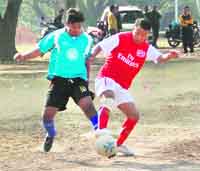 Players in action in a match in the Narayan Gurung Memorial Football Tournament in Dehradun