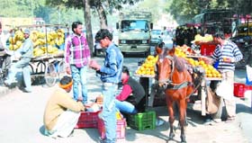 Fruit vendors crowd the slip road near St. Josephs School. The encroachment of the road causes traffic snarls near the school
