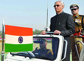 Lt. Governor Tejendra Khanna, along with Delhi police commissioner BK Gupta, inspects the parade on the occasion of 65th Raising Day of the Delhi police at the Police Lines in New Delhi on Thursday.