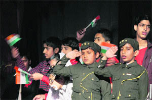 Students stage a performance during the annual day celebrations of NSM College of Education and SM Shishu Niketan Higher Secondary School at Abhinav Theatre in Jammu on Thursday.