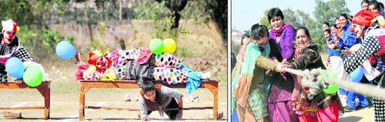Girls take part in fun games; and (right) principal and staff members participate in tug-of-war at the annual athletics meet of the Government College for Women in Ludhiana on Thursday