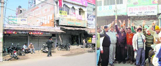 The shops closed in protest; and (right) shopkeepers raise slogans against the alleged police inaction in Sahnewal on Thursday