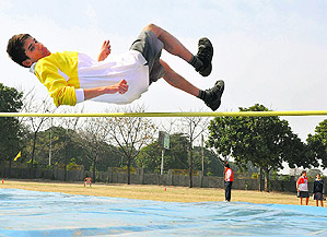 A student in action during a high jump event at the Yadavindra Public School, Phase VII, Mohali on Friday.