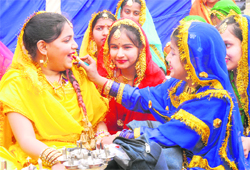 Making up friend Students of Darshan Academy get ready for the cultural show during the annual prize distribution function in Jalandhar