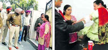 Policemen inspect the spot where the snatching incident took place; and (right) a doctor treats Paramjit Kaur, who sustained a stab injury in Ludhiana on Friday