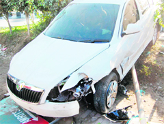 The damaged car which hit the students in Amritsar 