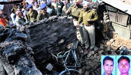 Police officials inspect the spot where Sunil and Parmod (inset) died after their jhuggi caught fire in Sector 25, Chandigarh, on Saturday.