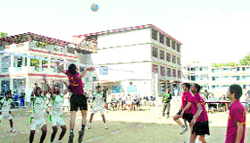 A match during the volleyball championship organised by Dolphin (PG) Institute of Biomedical and Natural Sciences in Dehradun on Saturday.