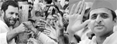 Priyanka (Far left), Rahul Gandhi (Left) and Akhilesh Yadav campaigning in UP