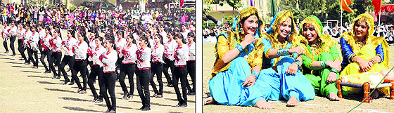 Girls perform aerobics exercises; and (right) girls present a folk item during the cultural programme on the final day of the athletics meet at the Khalsa College for Women in Ludhiana on Saturday