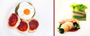 Seared scallops with coconut; (R) Roasted lobster chilli capelino