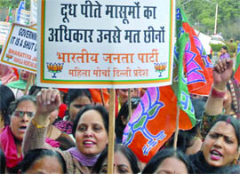 Activists of BJP Mahila Morcha, Delhi Pradesh, shout slogans during a demonstration against the Government of Norway, in New Delhi on Sunday.