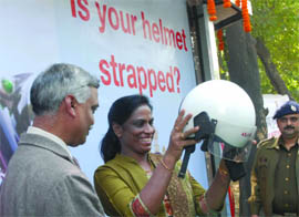 The ace athlete PT Usha during a traffic awarness programe in New Delhi on Sunday. 