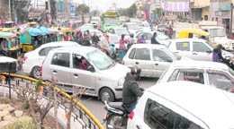 A traffic jam at Ravidas Chowk on the Nakodar-Jalandhar road. 