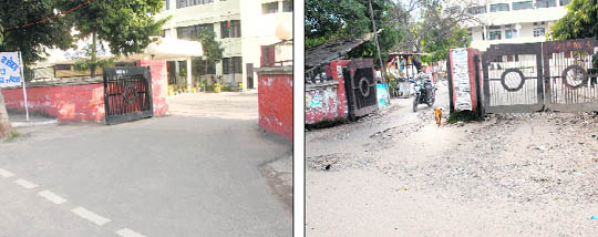 It is a smoooth drive to the district administrative complex via the VIP gate number 1; and (right) the passage leading to the common entrance to the complex has huge potholes in Jalandhar. 