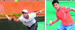 Vishnu Vardhan plays a shot during the ITF Mens Future US$-10000 Tennis Tournament in Chandigarh on Monday; and (right) Lee Hasin in action. Tribune photos: Manoj Mahajan
