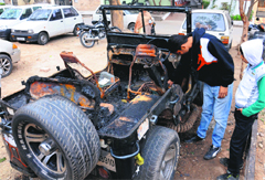 A jeep that was set on fire in Sector 44 in Chandigarh on Sunday night. 