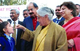 Delhi Chief Minister Sheila Dikshit with minister A.K.Walia launching a statewide de-worming campaign in New Delhi on Monday.
