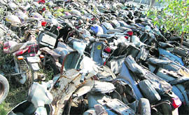 The impounded two-wheelers lying in the open at the Old Sadar Police Station in Ambala City.