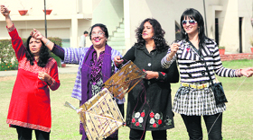 Members of Gymkhana Ladies Club fly kites during sports day celebrations in Jalandhar on Monday.
